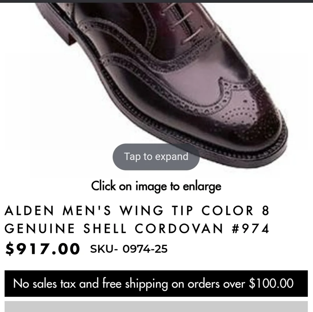 Alden 974 10 AA B Wing Tip Bal Oxford Shell Cordovan Shoes